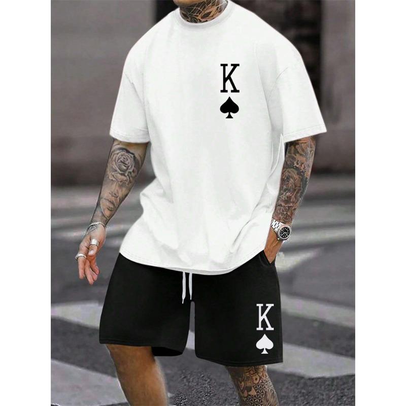 2025 Summer New Men's Short Sleeved Shorts Set Fashion King Printed T-shirt Shorts 2 Sets Casual Round Neck Jumping Breathable S