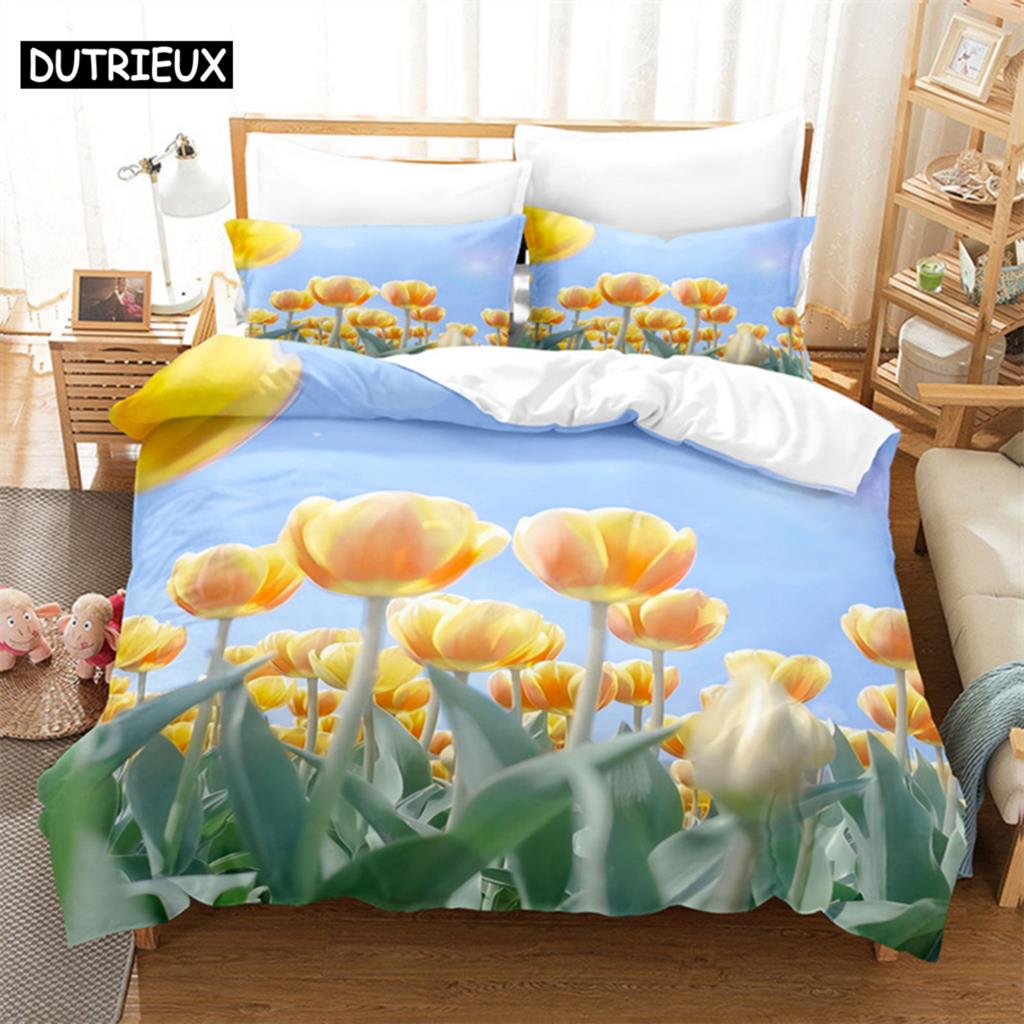 Sky Tulip Lovers Queen Bedding Set Duvet Cover Kids Bedroom Bed Set Comforter Cover Set King Size Duvet Cover Set Bedding Sets