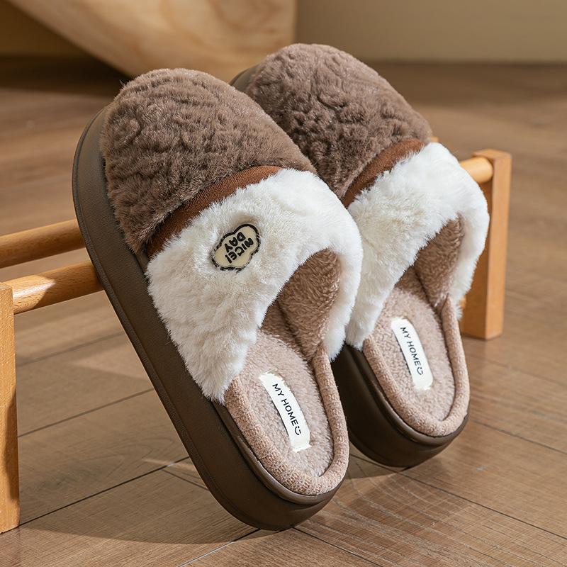 Thick-bottomed Cotton Slippers Autumn and Winter Indoor Home Fleece Warm Couple Three-color Splicing Plush Slippers