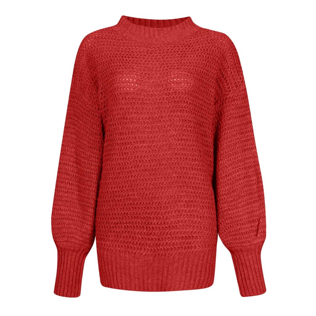 Women's Fashion Half High Neck Loose Solid Long Sleeve Thick Needle Side Split Knitted Sweater