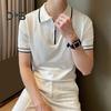 Men Summer Shirt Thin Knitted Short Sleeve Zippered Lapel Top Stretchy Hem Striped Solid Color Loose Shirt for Commuting Travel Outdoor