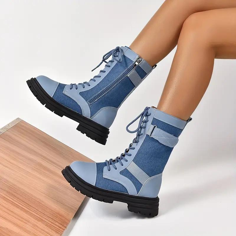 Fashion Aphixta Retro Lace Up Women Boots Side Zip Modern Boots Women Boots Blue 4CM Square Heel Lady Footwear Shoes Botas Mujer Botines