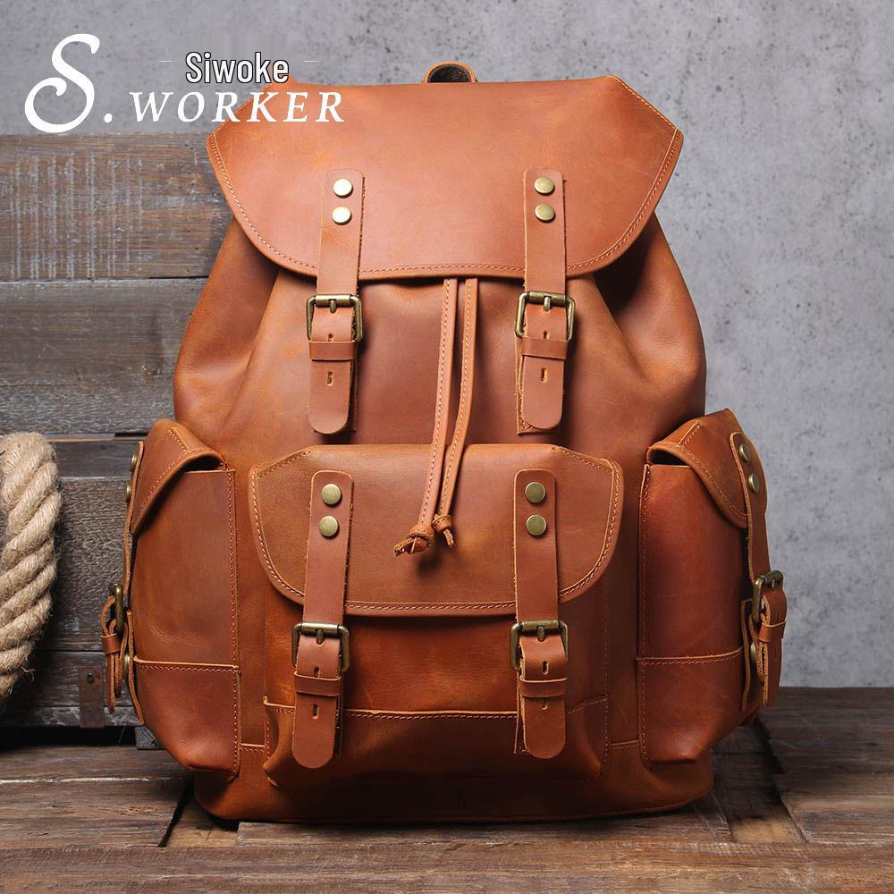Retro Men's Large Capacity Genuine Leather Cowhide Backpack - Crazy Horse Travel & Motorcycle Bag