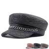 Leather Painted Hat Women's Chain Flat Top Army Hat Autumn Winter Warm Cap