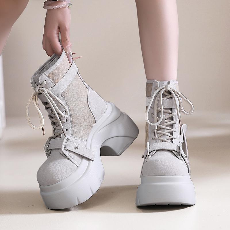Fashion 9CM Autumn Winter Women's Gladiator Boots Chunky Heels Leather Punk Shoes Buckle Motorcycle Boots Goth Chelsea Mujer Zapatos