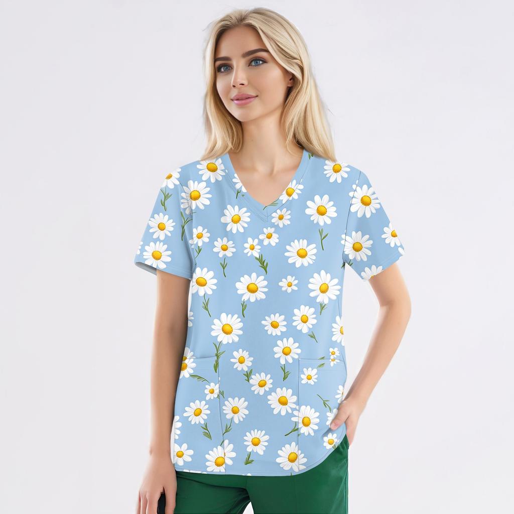 Plus Size Printed Scrub Working Uniform Tops For Women's V-Neck Short Sleeve Fun T-Shirts Workwear Tee With Pockets
