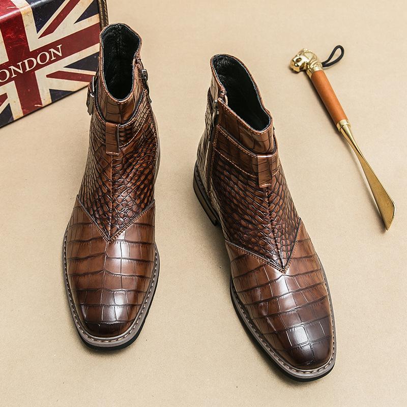 Men's Ankle Boots Fashion Pointed Leather Boots Designer Crocodile Pattern High-top Boots for Men Casual Business Dress Booties