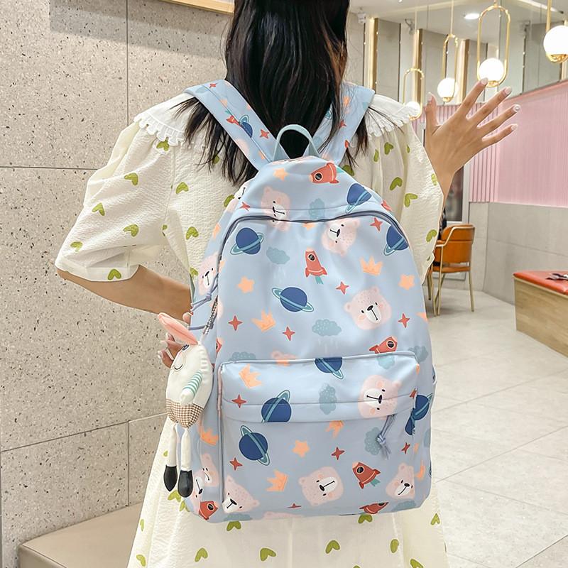 Cute Bear Cartoon Rocket Star Cloud Crown Print Student Backpack For School