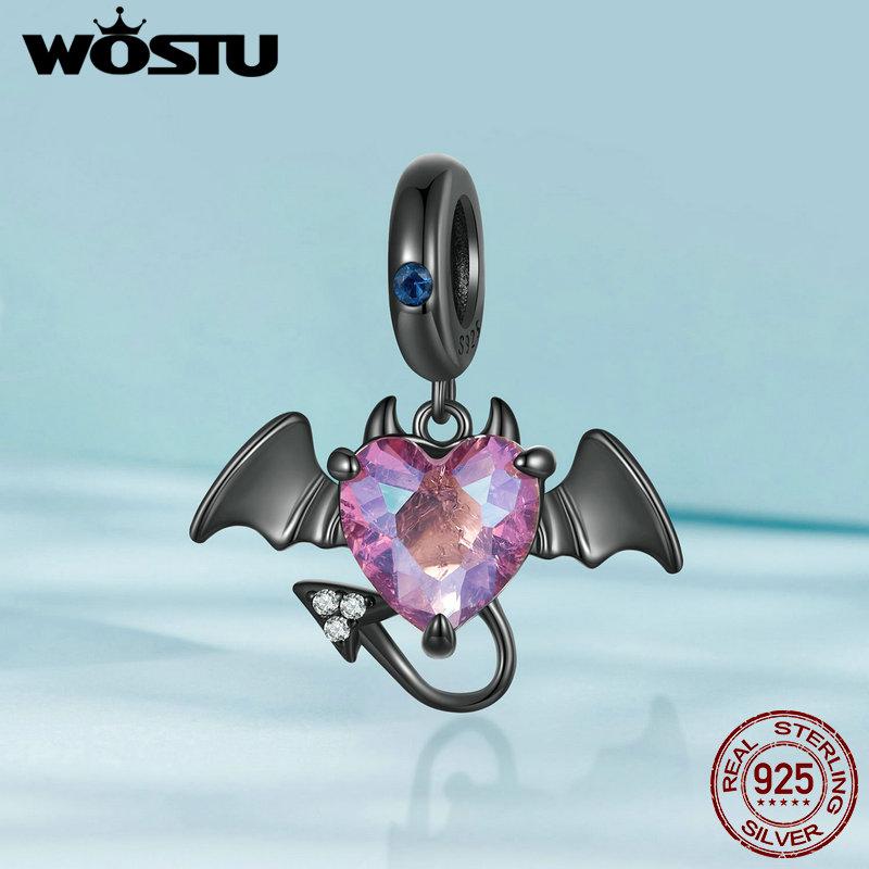 WOSTU 925 Sterling Silver Black Devil Pendant Charms Stone Heart Beads for Women DIY Jewelry Gift Making
