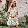 Floral Dress Women Spring Autumn V Neck Short Sleeve Loose Chic Printed