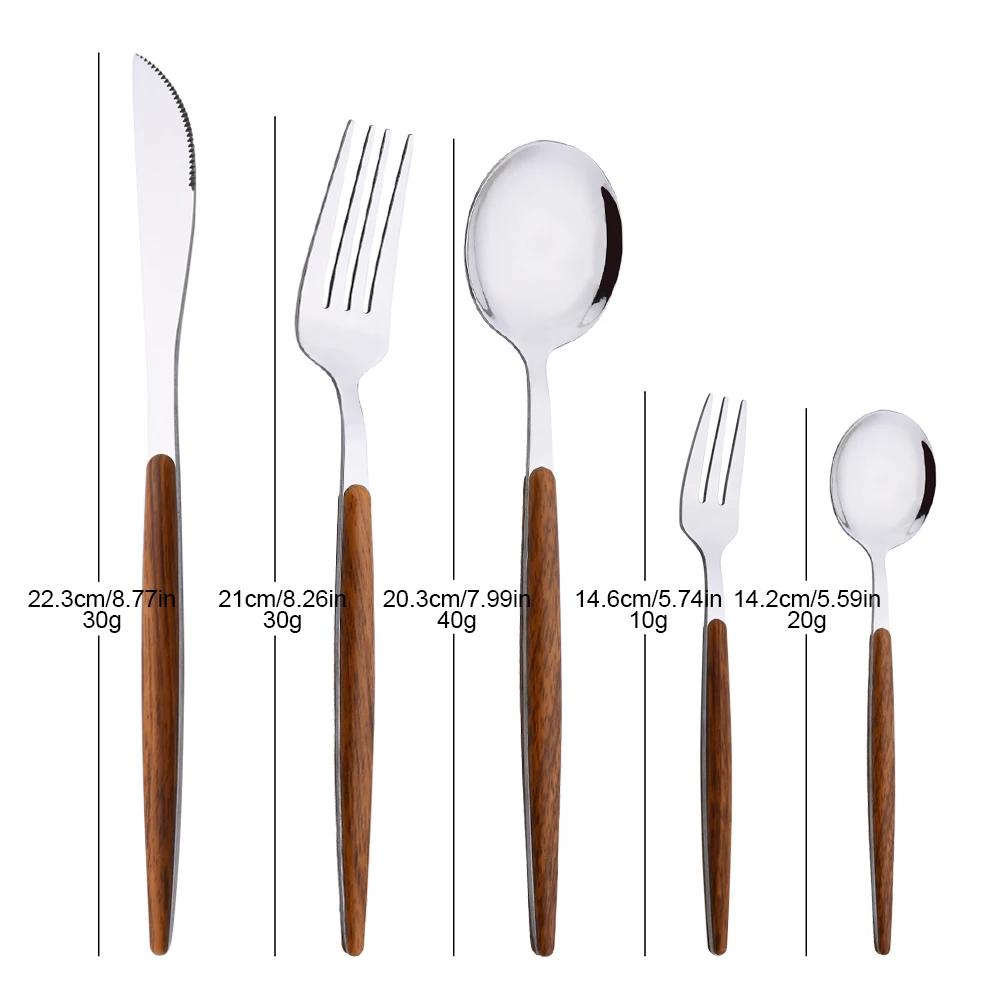 20Pcs Dinnerware Set Stainless Steel Silver Imitation Wooden Handle Clamp Western Knife Fork Spoon Cutlery Tableware Silverware