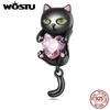 925 Sterling Silver Cute Little Black Cat Charms Beads Pink Heart Zircon For Women Fit Original DIY Bracelet Jewelry Gifts