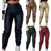 Women Faux Leather Pants Smooth Soft Breathable High Elastic Waist Ankle-banded Pockets Zipper Button Closure Slim Fit Motorcycle Trousers