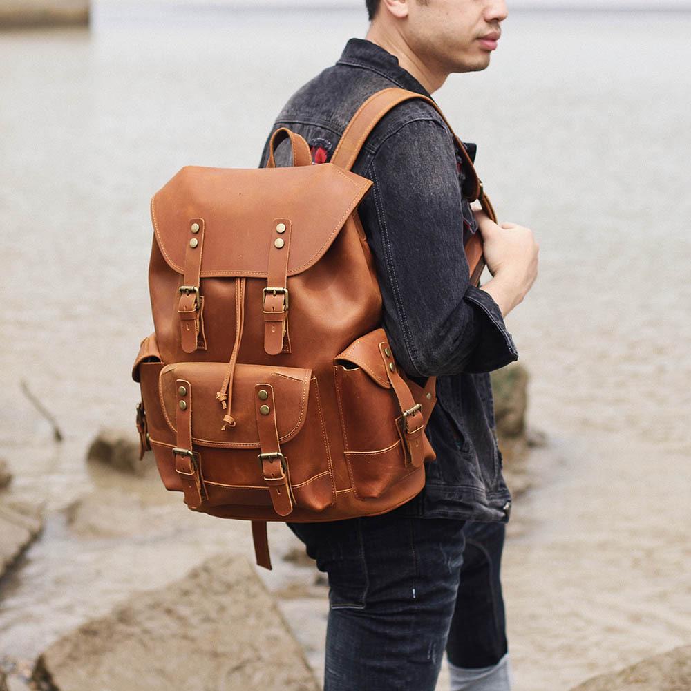 Retro Men's Large Capacity Genuine Leather Cowhide Backpack - Crazy Horse Travel & Motorcycle Bag