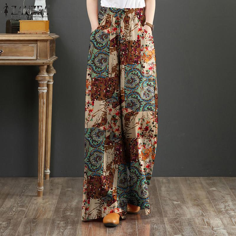 ZANZEA Women Casual Print Loose Elastic Belted Wide Leg Long Trousers