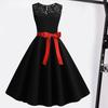 Lady Petticoats Plus Size O-Neck Sleeveless See-through Lace Stitching Ribbon Bowknot Gown Dress A-Line Skater Large Hem Midi Princess Dress