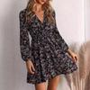 Spring Autumn Women's Flower Print Loose Sexy V-neck Long Sleeved Casual Dresses