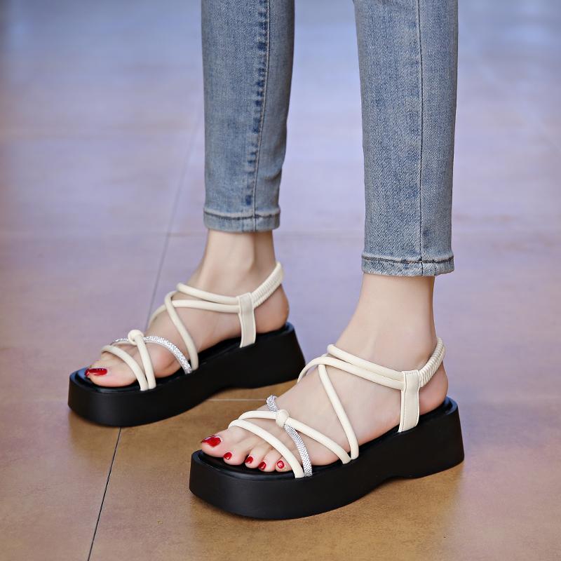 CRLAYDK Women's Sandals Strappy Elastic Band Slides Open Toe Ladies Beach Shoes Casual Walking Thick Sole Dressy Travel Slippers