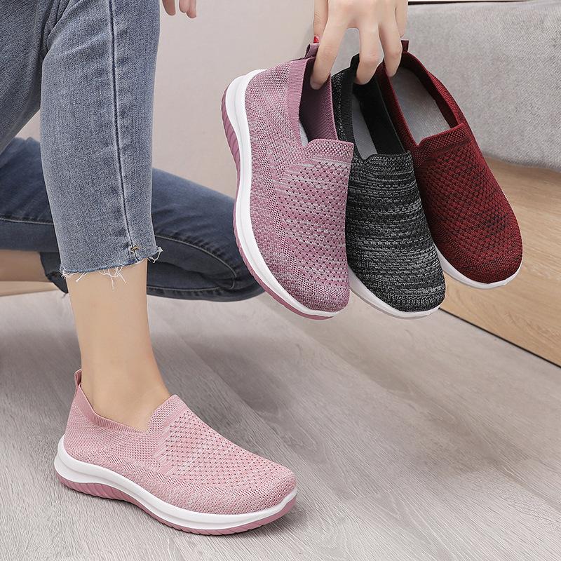 Fashion Women Flat Shoes Knit Woman Casual Slip On Vulcanized Shoes Female Mesh Soft Breathable Women's Footwear For Ladies Sneaker