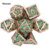 7 Pcs Golden Green Hand Metal Dice Solid Metal Polyhedral Dice Set Suitable for Role-Playing RPG  Board Game Card Game