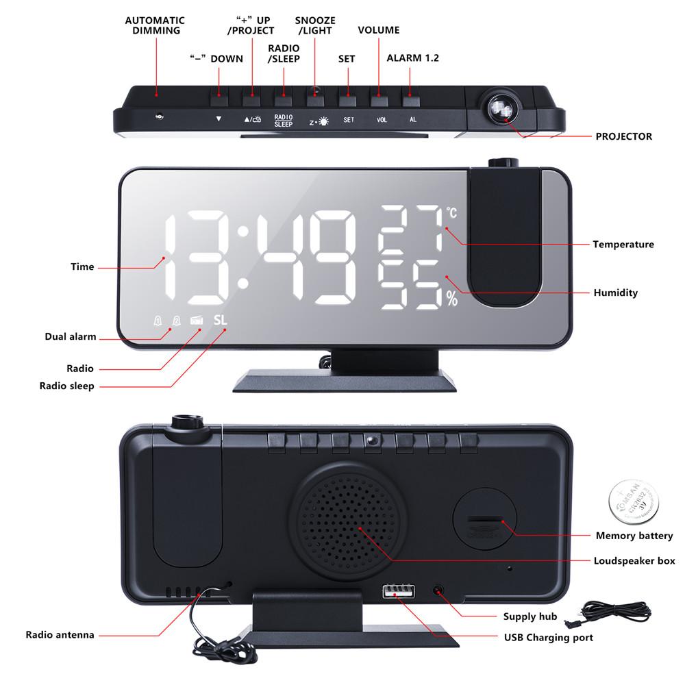 Projection Digital Radio Alarm Clock For Bedrooms LED Display USB Charger Port