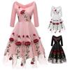 Women's Red Rose Embroided Midi Prom Dress Mesh Tulle 3/4 Sleeve Wedding Guest Bridesmaid Cocktail Evening Party Special Formal Occasion Outfit