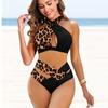 Women's Wide Shoulder Strap Swimsuit with Half Leopard Print Printed Bikini Short Tank Top Swimsuit