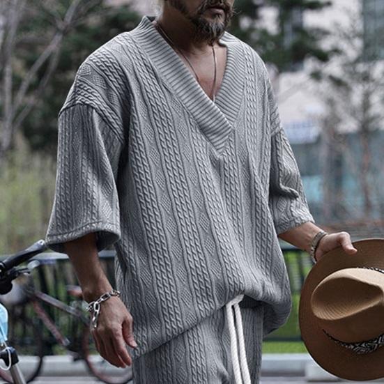 Мужской верх вязаный V-образный вырез с половиной рукавом свободный мешковатый сплошной цвет ретро аппликация эластичный мягкий дышащий средней длины спортивная повседневная футболка мужская футболка