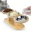 Elevated Cat Food and Water Bowl Wooden Pet Bowl with Stand 3 Stainless Steel Bowls for Cats and Puppies Small Dogs