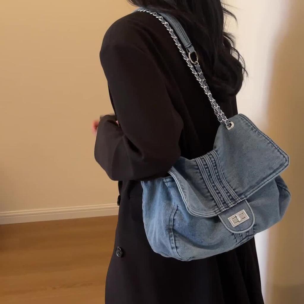 Women's Fashion Denim Shoulder Bag - Trendy Solid Color Underarm Handbag & Purse