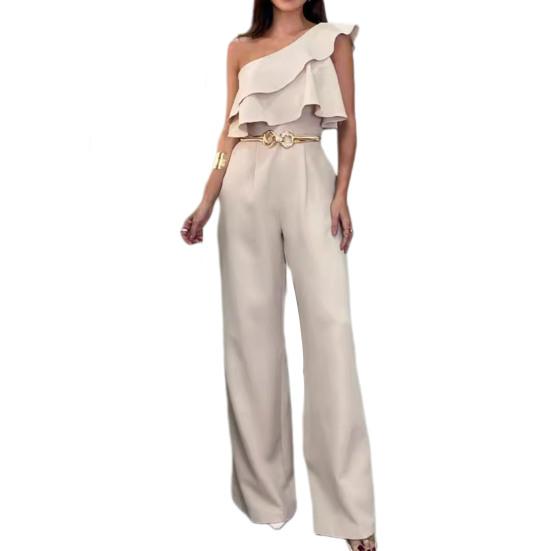 Women Summer Jumpsuit Ruffle Sleeveless High Waist Wide Leg One Shoulder Slant Neck Solid Color OL Commute Style Slim Fit Long Jumpsuit