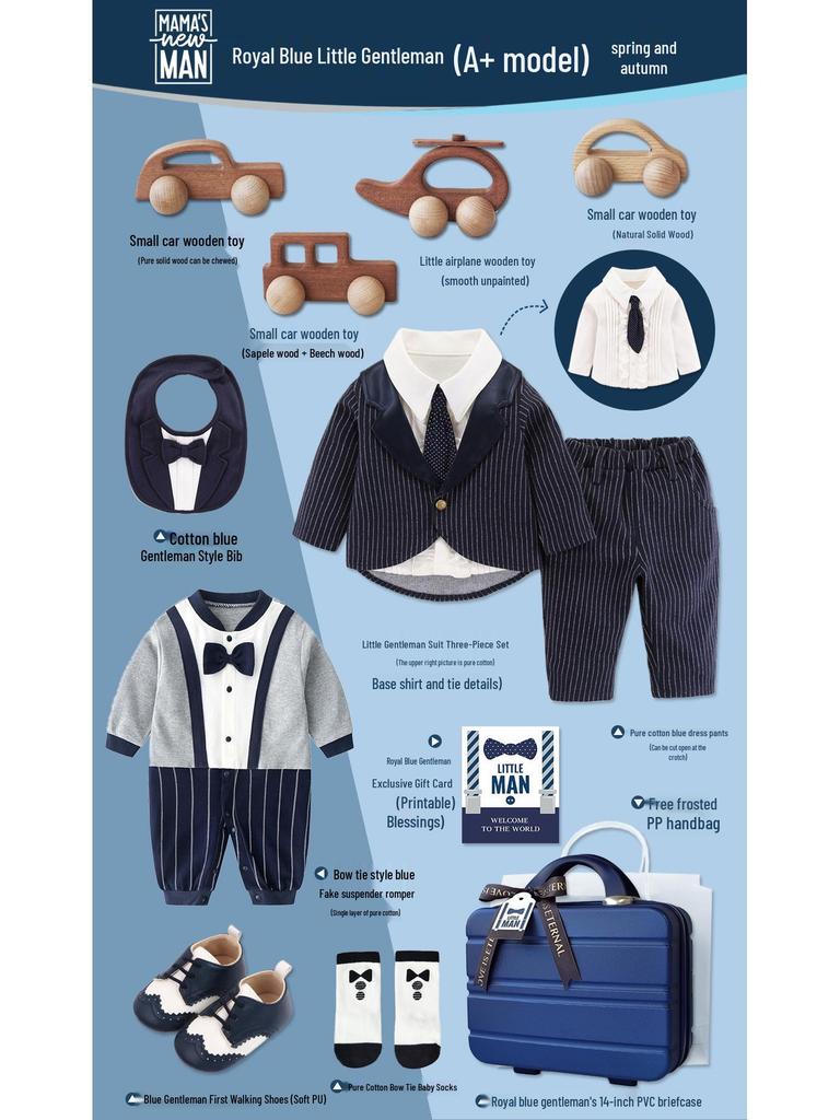 Royal Blue Baby Boy Gentleman Suit Gift Set for Autumn/Winter - Perfect for First Birthday, Full Moon, or Hundred Days Celebration