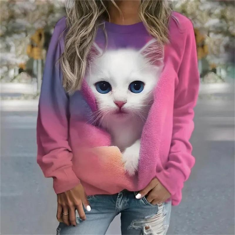 2023 Autumn New Women Round Neck Long Sleeve Fashion Casual Home High Quality Fabric Cute Cat Print Long Sleeve
