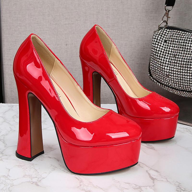 Women's Chunky High Heels Round Toe Pumps 14cm Heel 4cm Platform WZ