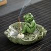 Meditation Frog Incense Stick Holder Ceramics Lotus Leaf Sitting Frog Incense Burner Home Office Desktop Decoration Ornament