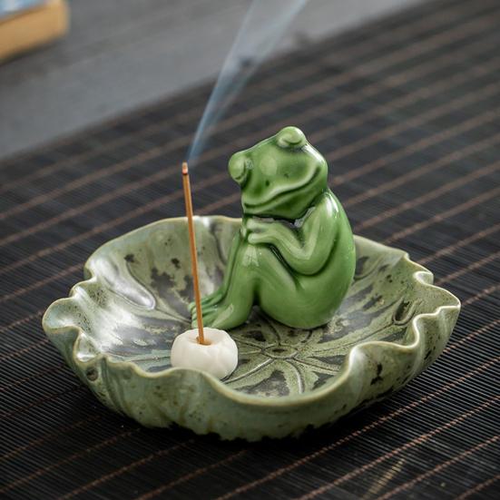 Meditation Frog Incense Stick Holder Ceramics Lotus Leaf Sitting Frog Incense Burner Home Office Desktop Decoration Ornament