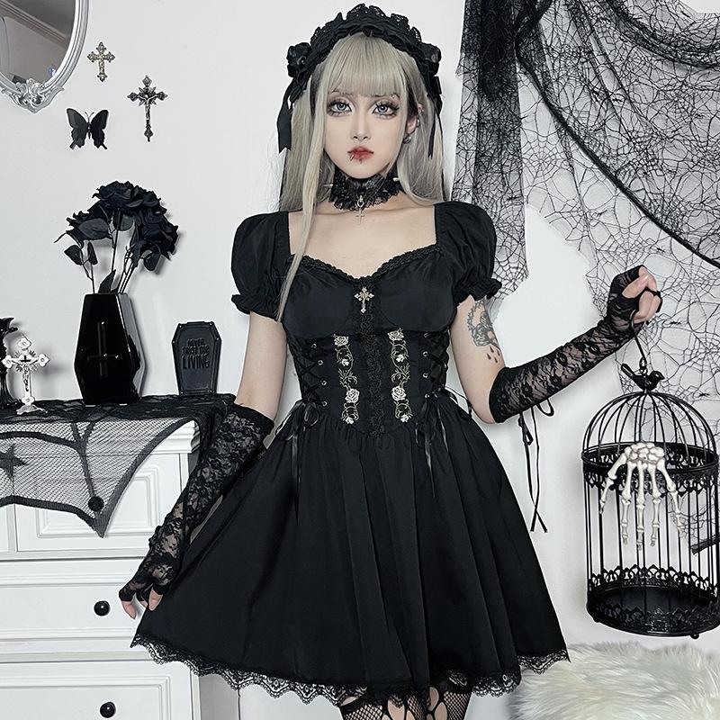 AltGoth Vintage Gothic Princess Dress Women Dark Harajuku Lace Up Cross Corset Dress Streetwear Partywear Lolita Dress Female