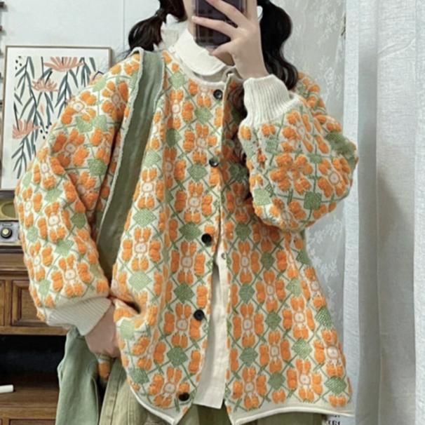 Sweet Flower Color Collision Loose Sweater Jacket Women's Autumn and Winter Retro Literary Knitted Cardigan