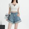 Korean Chic High Waist Denim A-Line Shorts for Women - Slimming Summer Style with Casual Rolled Hem and Wide Leg.
