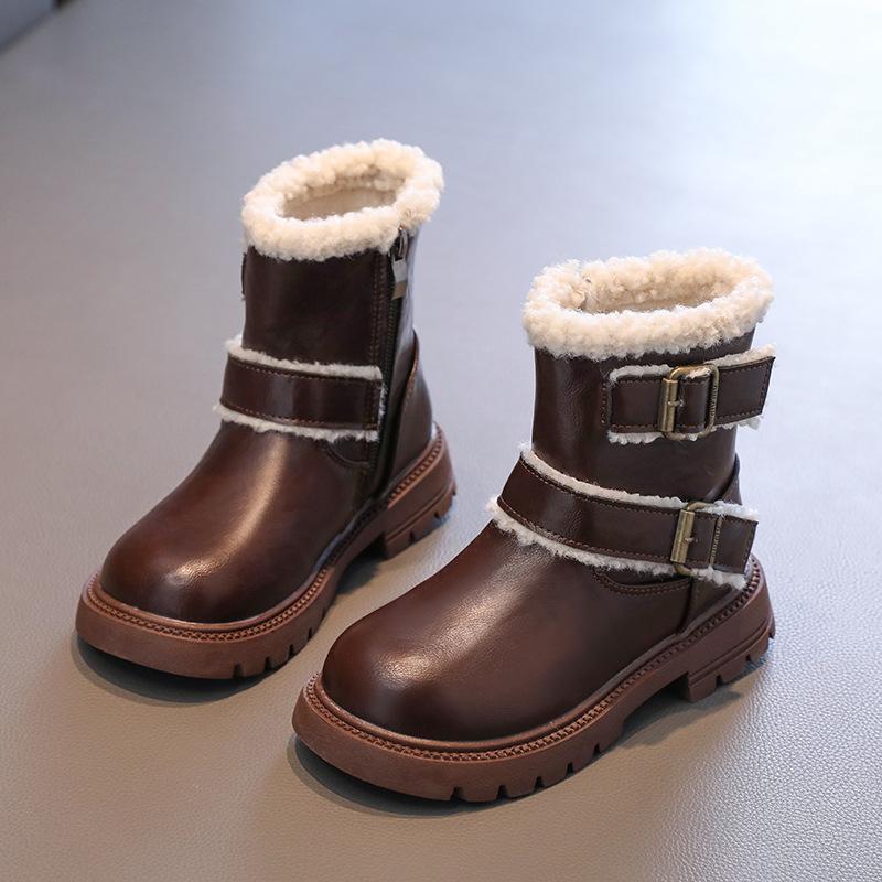 Girl Platform Black Leather Boots Simple Chic Winter Boots for Children Fashion Causal Versatile Kids British Style Cotton Boots