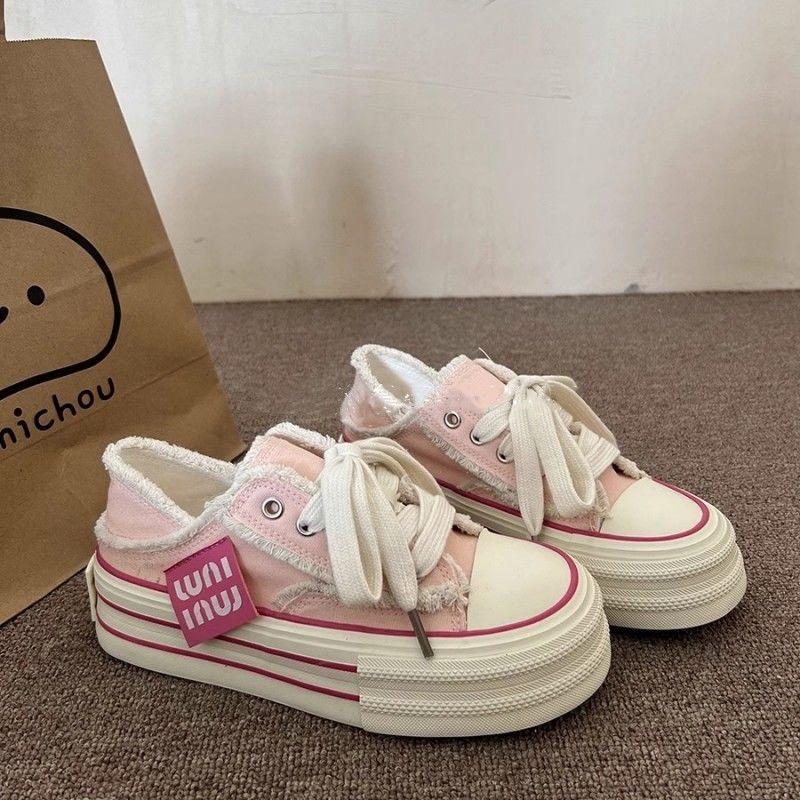 Pink Versatile Rough Edge Platform Canvas Shoes Women's Summer New Fashion Casual Lightweight Board Shoes Ins Style