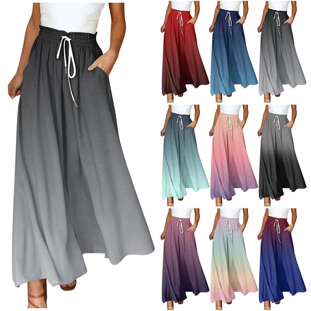 Women's Pants Boho Print Elastic High Waisted Pants Casual Wide Leg Long  Pant Trousers With Pocket