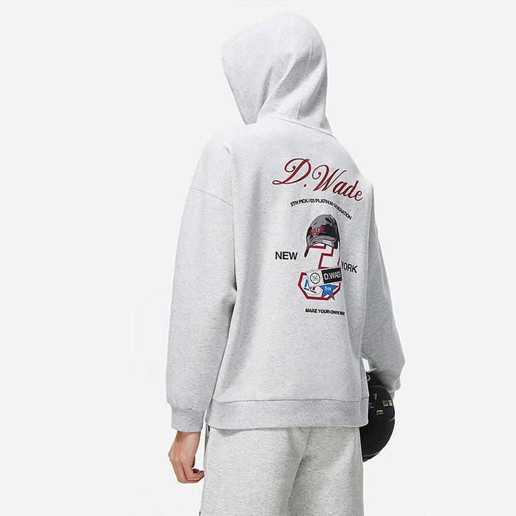 Li-Ning Wade Series Back Duckbill Cap Letter Print Loose Hoodie Men Hoodies Flower-Gray Chuan-Stone-Gray AWDT497-3