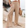 Spring Autumn Women Elastic Wide Leg Pants Fashion Casual Green Cotton Linen Long Pants Pleated Loose OL Style Trousers 30766
