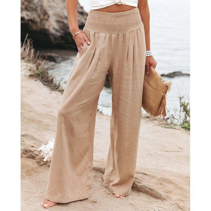 Spring Autumn Women Elastic Wide Leg Pants Fashion Casual Green Cotton Linen Long Pants Pleated Loose OL Style Trousers 30766