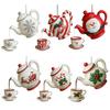 Christmas Teapot Ornament Holly Vintage Tea Cups And Pot Set Xmas Tree Hanging Ornaments 2D Acrylic Teapot Decor with Pouring Tea Effect