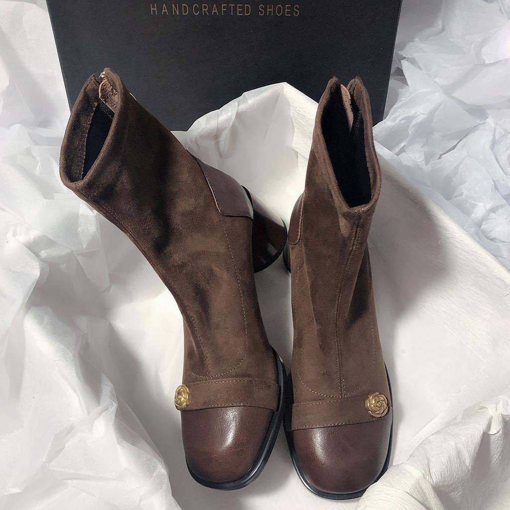 Short Tube Thick Heel Round Head Splicing Elastic High Heel Rear Zipper Women's Boots