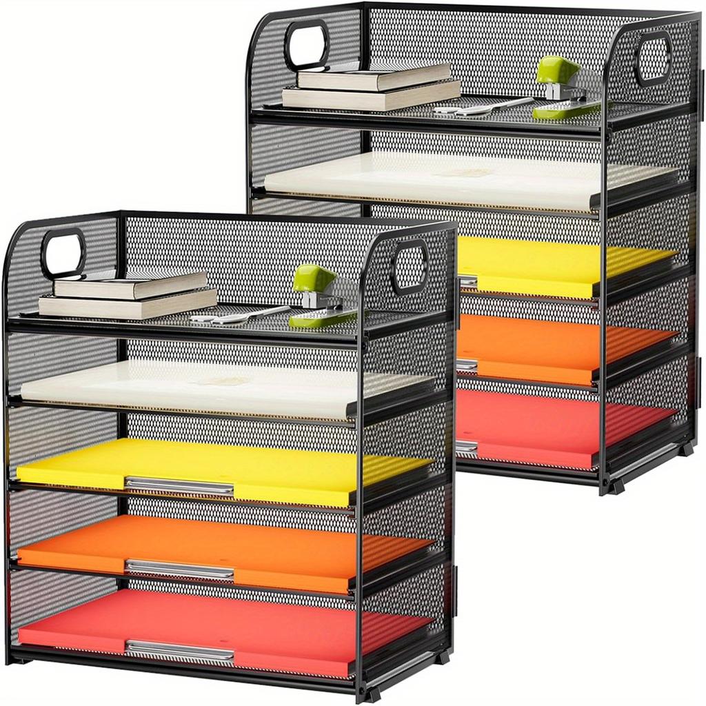 5 Tray Desk File Organizer, Mesh Paper Sorter Letter Tray Organizer with Handle, Desktop File Organizer and Storage for Letter/A4 Office File Folder