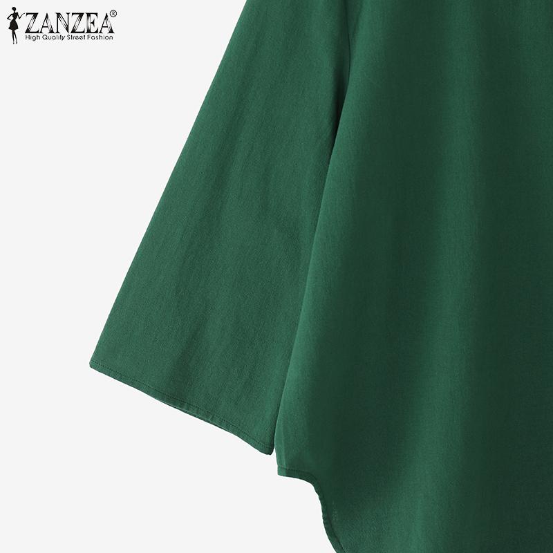 ZANZEA Women Casual Round Neck Loose 3/4 Sleeve Cotton Blouse