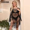 Plus Size Women's Cover-ups Vacation Style Handmade Crochet Strapless Long-sleeved Beach Cover-ups Hollow Loose Bikini Swimsuit Cover-ups